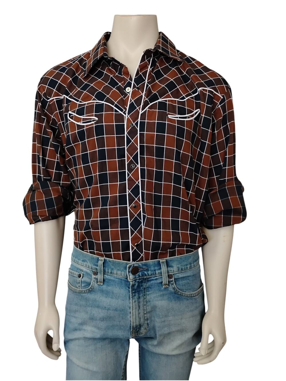 Vintage Karman Plaid Cowboy Ranchwear Shirt Snap Button Extra Long Size 18